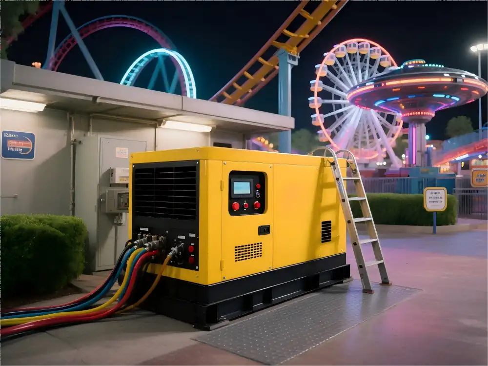 How do diesel generators ensure power in theme parks?